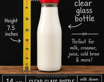 14 oz (sealable lid) Clear Glass Bottle for Milk, Water or Cold Brew Coffee