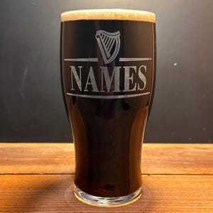 Personalized Guinness Split Your Name Tulip Beer Glass Irish Harp Design image 17