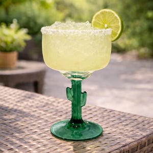 Pu&ograve; includere: Un cocktail Margarita in un bicchiere unico con uno stelo di cactus verde. Il bicchiere &egrave; riempito con una bevanda giallo pallido, bordata di sale e guarnita con una fetta di lime. La bevanda &egrave; su un tavolo intrecciato marrone.