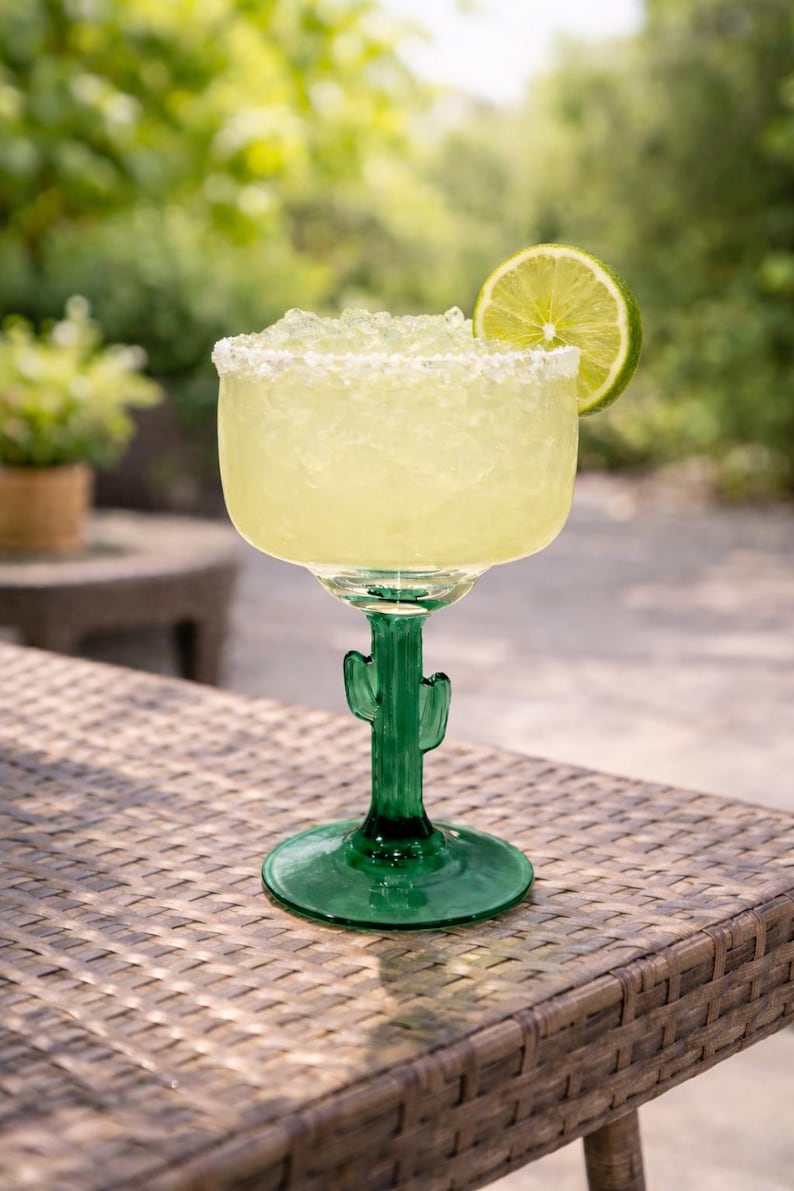 Pu&ograve; includere: Un cocktail Margarita in un bicchiere unico con uno stelo di cactus verde. Il bicchiere &egrave; riempito con una bevanda giallo pallido, bordata di sale e guarnita con una fetta di lime. La bevanda &egrave; su un tavolo intrecciato marrone.