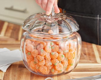 New Pumpkin Glass Candy Jar Halloween Decor 2.2 Quart Capacity Thanksgiving Decor and Serving Made in USA