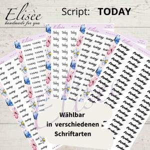 Könnte beinhalten: Ein Satz Planer-Aufkleber mit dem Wort "heute" in verschiedenen Schriftarten. Die Aufkleber befinden sich auf einem rosa Hintergrund mit Schmetterlingen und Blumen.