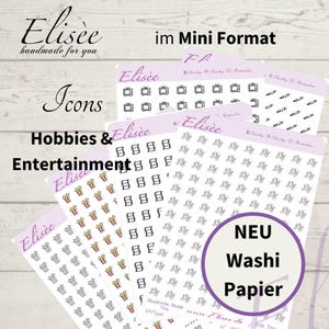 Könnte beinhalten: Vier Blätter schwarzes und weißes Washi-Tape mit verschiedenen Symbolen. Die Symbole umfassen Filmrollen, Musiknoten, Popcorn-Eimer und Fernseher. Die Blätter sind mit "Hobbies & Entertainment" und "Elisèe" in schwarzer Schrift beschriftet. Der Text "NEU Washi Papier" befindet sich in einem Kreis mit violettem Hintergrund.