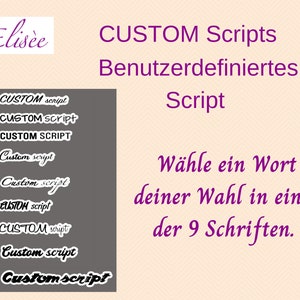 Könnte beinhalten: Ein grauer Hintergrund mit neun verschiedenen Schriftarten, die von 1 bis 9 beschriftet sind. Jede Schriftart ist mit "CUSTOM script" beschriftet. Der Text "CUSTOM Scripts Benutzerdefiniertes Script" ist oben im Bild in Lila. Der Text "Wähle ein Wort deiner Wahl in einer der 9 Schriften." ist unten im Bild in Lila.