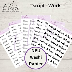 Könnte beinhalten: Ein Blatt mit schwarzen und weißen "Work" Schrift-Stickern. Die Sticker sind in Reihen und Spalten auf weißem Hintergrund angeordnet. Der Text "NEU Washi Papier" ist auf einem lila Kreis in der unteren rechten Ecke des Bildes gedruckt.