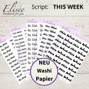 Könnte beinhalten: Eine Blatt mit schwarzen und weißen "This Week" Aufklebern mit einem lila Kreis, auf dem in schwarzer Schrift "NEU Washi Papier" steht.