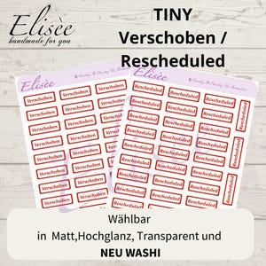 Könnte beinhalten: Zwei Bögen winziger Aufkleber mit den Wörtern "Verschoben" und "Rescheduled" in roten Kästchen. Die Aufkleber sind mit "Elisée handmade for you" beschriftet und enthalten den Text "Wählbar in Matt, Hochglanz, Transparent und NEU WASHI".