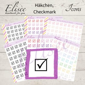 May include: A set of five sheets of stickers with various coloured checkmark icons. Each sheet has a different colour scheme, including black, red, pink, blue, and yellow. The stickers are designed for use in planners, journals, and other paper goods.