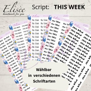 Könnte beinhalten: Eine Auswahl an Planer-Stickern mit dem Text "This Week" in verschiedenen Schriftarten. Die Sticker zeigen Blumen- und Schmetterlingsdesigns in Blau, Rosa und Weiß. Der Markenname "Elisée" ist oben sichtbar.