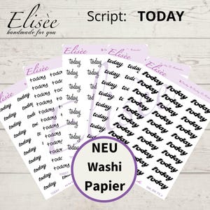 Könnte beinhalten: Ein Blatt mit schwarzen und weißen "TODAY" Schrift-Stickern. Die Sticker sind in Reihen und Spalten auf weißem Hintergrund angeordnet. Der Text "NEU Washi Papier" ist in Schwarz auf einem lila Kreis gedruckt.