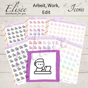 Könnte beinhalten: Ein Set bunter Arbeitssticker mit einer Person, die an einem Laptop arbeitet. Die Sticker sind in einem Raster angeordnet und haben verschiedene Farben, darunter Pink, Blau, Grün und Gelb. Die Sticker sind mit "Arbeit, Work, Edit" und "Icons" beschriftet.