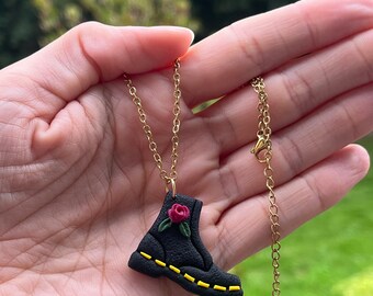 Yellow stitch floral boot necklace/pendant, available in gold or silver, for autumn/fall lovers, dr martens