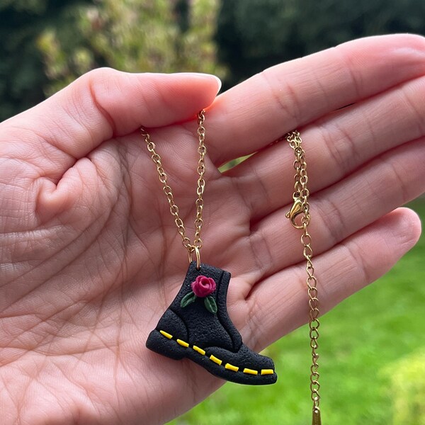 Yellow stitch floral boot necklace/pendant, available in gold or silver, for autumn/fall lovers, dr martens