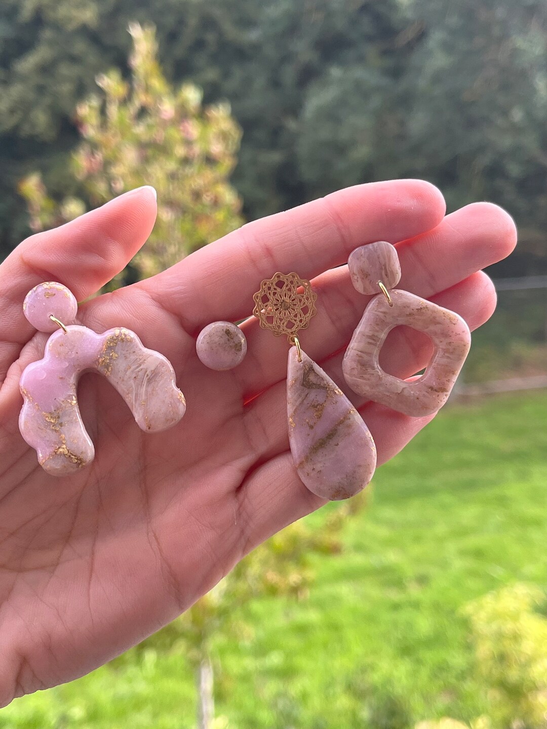 Pink Quartz Gold Leaf Collection Earrings Studs and Etsy