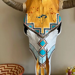 Handmade Painted Cow Skull | Wall Mounted Tribal Skull | Western Cow Skull | Boho Decor