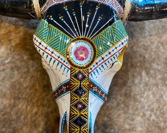 Crâne de vache fait main design occidental | Crâne tribal mural | Crâne de vache de l'ouest | Décoration bohème | Crâne de taureau