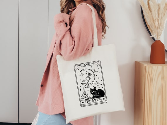 The Moon Tote Bag in Thick Organic Cotton Tarot Card Pattern