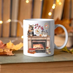 Mug Le chat au coin du feu - Mug animaux de la forêt - Mug Chat - mug d'automne cosy