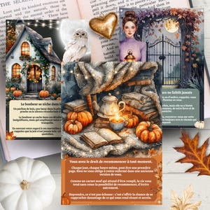 Peut inclure: Un collage d'illustrations et de texte sur le thème de l'automne. Il comprend un chalet avec des citrouilles, un hibou, une femme avec une lanterne, un charme en forme de cœur et une nature morte avec des livres, une théière et des citrouilles.