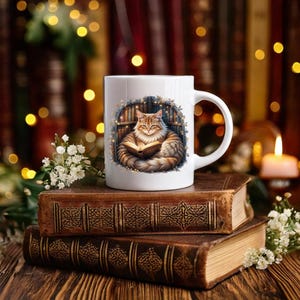 Library Cat Ceramic Mug - Reader Mug - Book Mug - Bookaddict Mug