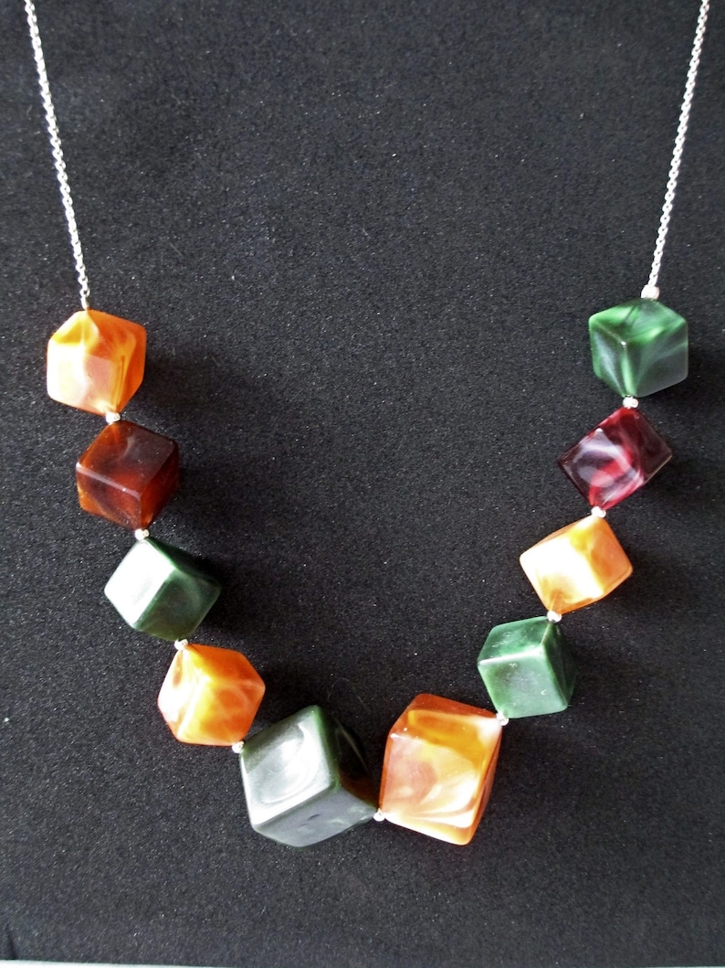 Very rare French Art Deco style marbled celluloid and sterling silver necklace