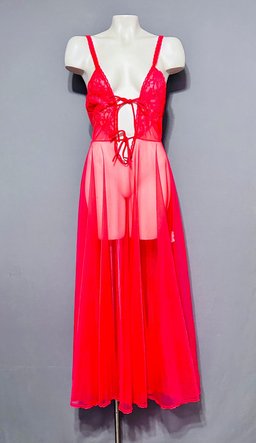 fredericks-of-hollywood-nightgown-negligee-small-sheer-red-tie-front-etsy