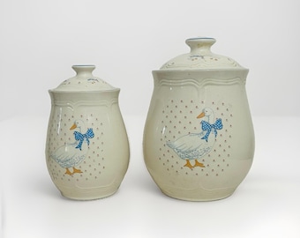 VTG Brickoven Aunt Rhody Country Goose Canister Set With Lids 9” & 7”  Farmhouse