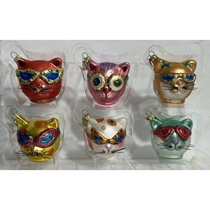 Dept 56 ミニガラスクリスマスオーナメント メガネをかけた猫 6個
