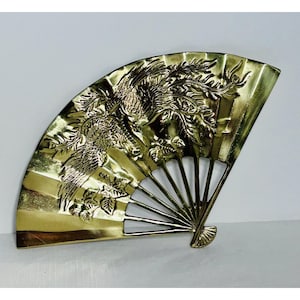 Solid Brass Asian Chinoiserie/Phoenix Bird Hand Fan Shaped Wall Hanging Vintage