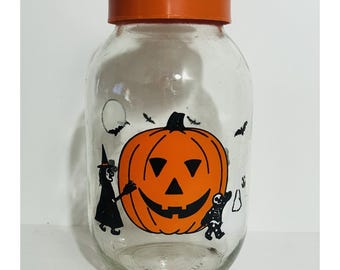 VTG 1983 Halloween Parade Jar Pumpkin Devil Ghost Witch Cat 3L Carlton Glass USA