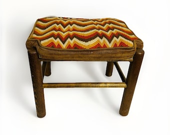 1970s Foot Stool/ Ottoman Knit & Corduroy Removable Top Solid Wooden Frame Retro