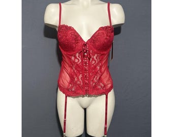 Corsetto Sophia By Delicates, modello "Mornly Widow", taglia media, rosso, con slip e calze.