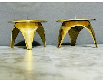 Pagoda Style Arched Vintage Brass Pillar Candle Holders MCM Chinoiserie 3” X 4”