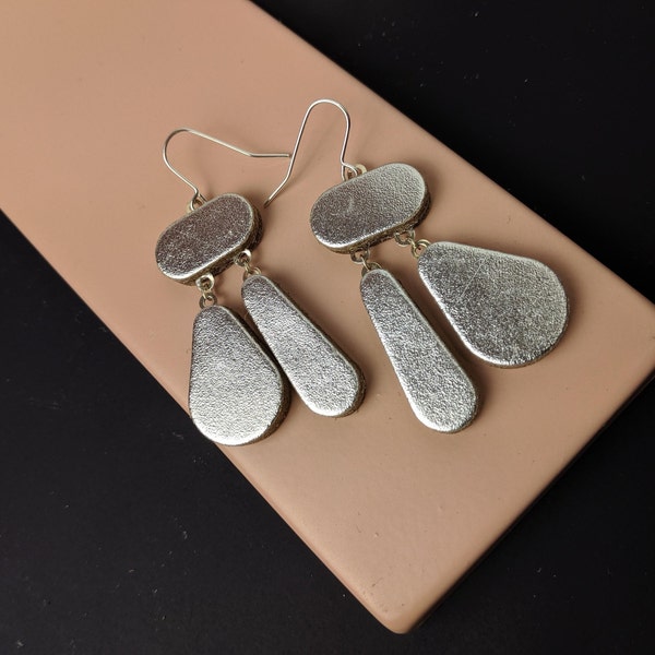 DOUBLE DROP EARRING // large // leather // lightweight // kay morgan // silver // gift for friend