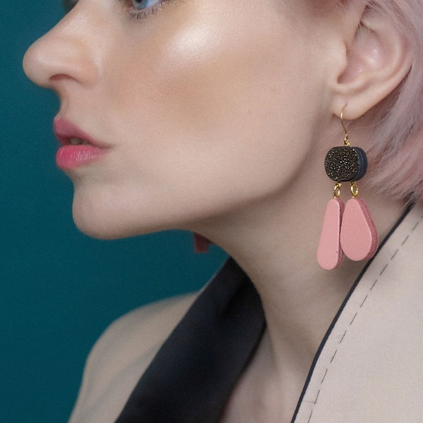 DOUBLE DROP EARRING // large // leather // lightweight // kay morgan // pink and black gold glitter // gift for friend