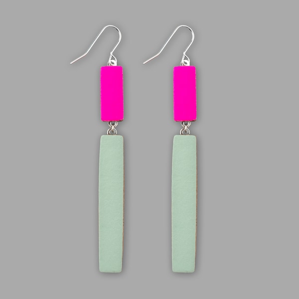 BLOC EARRING LONG // leather earrings // lightweight statement earrings // kay morgan // fluorescent pink and mint // gift for friend