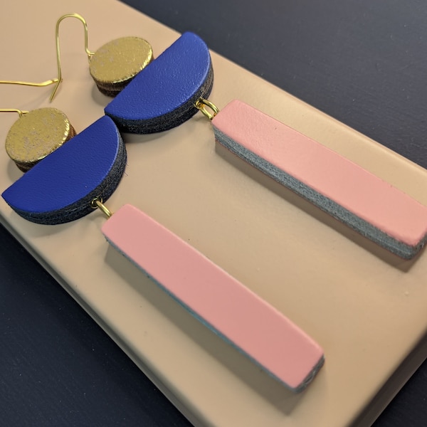 arc earrings // kay morgan// leather jewellery // royal blue, gold and pale pink