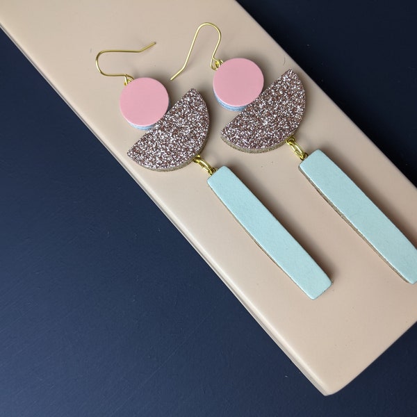 arc earrings // kay morgan// leather jewellery // pale pink, pink glitter and mint