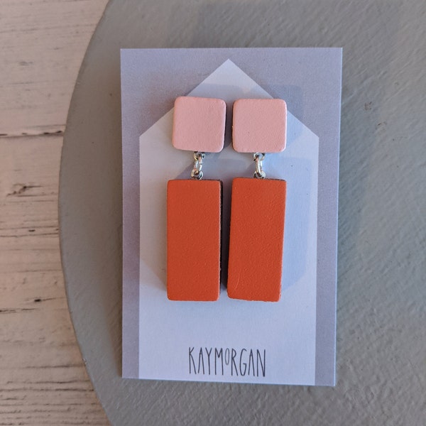 BLOC STUD EARRING // leather earrings // pale pink and coral // lightweight statement earrings // kay morgan // colourful jewellery