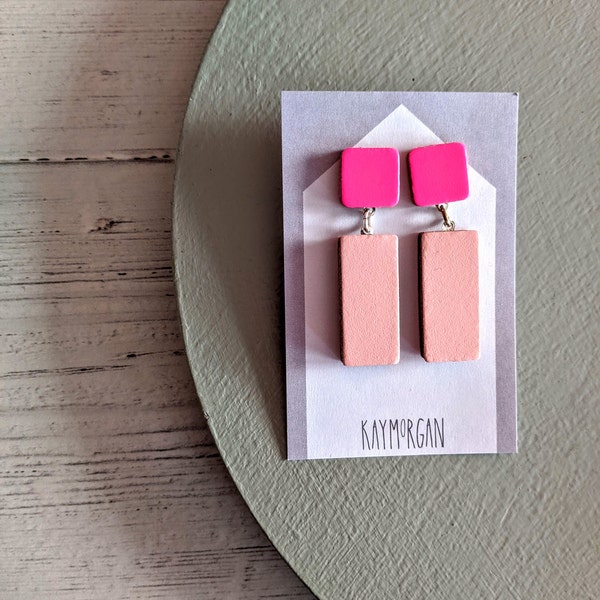 BLOC STUD EARRING // leather earrings // fluorescent and pale pink // lightweight statement earrings // kay morgan // colourful jewellery