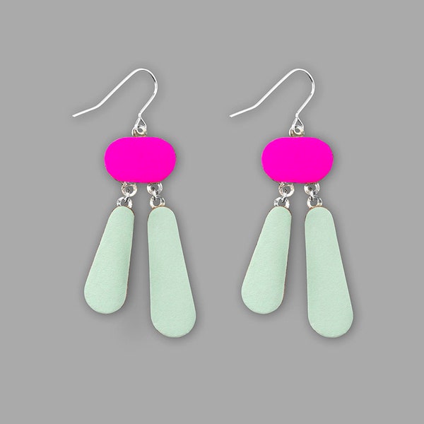 DOUBLE DROP EARRING // leather // lightweight // kay morgan // fluorescent pink and mint // gift for friend