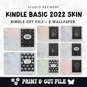 May include: A digital illustration of a Kindle Basic 2022 skin with 8 different wallpaper designs. The designs include a black and white floral pattern, a black and white galaxy pattern, a black and white ghost pattern, a black and white cloud pattern, a black and white quote pattern, a black and white "Kindle Girlie" pattern, a black and white "This is my emotional support Kindle" pattern, and a black and white "Art of Extraordinary" pattern.