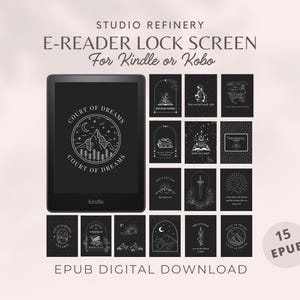 Könnte beinhalten: Ein digitaler Download von 15 ePub-Sperrbildschirmen für Kindle- oder Kobo-E-Reader. Die Sperrbildschirme haben einen schwarzen Hintergrund mit weißen Illustrationen von Bergen, Büchern und anderen Designs. Der Text "COURT OF DREAMS" ist auf mehreren der Sperrbildschirme zu sehen.