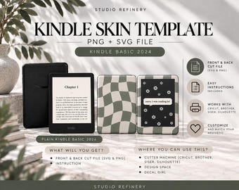 May include: A digital Kindle skin template for Kindle Basic 2024, featuring SVG and PNG files. The image displays a plain black e-reader and two devices with a sage green and white wavy checkerboard pattern and a black floral design.