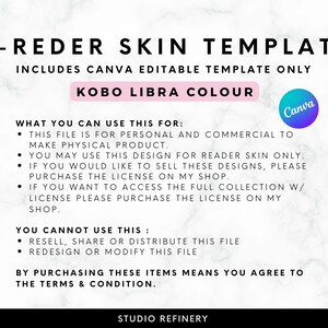 May include: Digital template for Kobo Libra Colour e-reader skin. Includes Canva editable template. Text on the image includes usage guidelines and terms and conditions. The Canva logo is also visible.