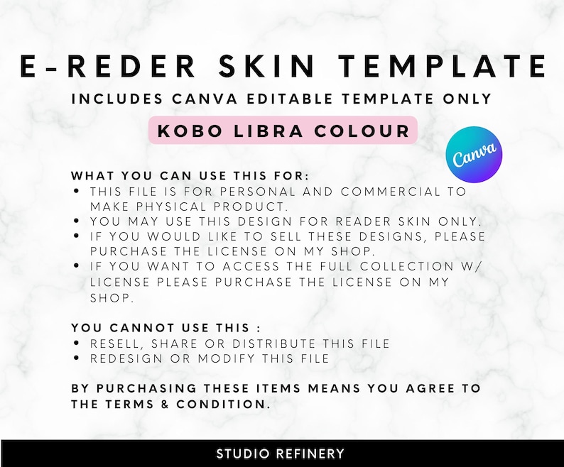 May include: Digital template for Kobo Libra Colour e-reader skin. Includes Canva editable template. Text on the image includes usage guidelines and terms and conditions. The Canva logo is also visible.