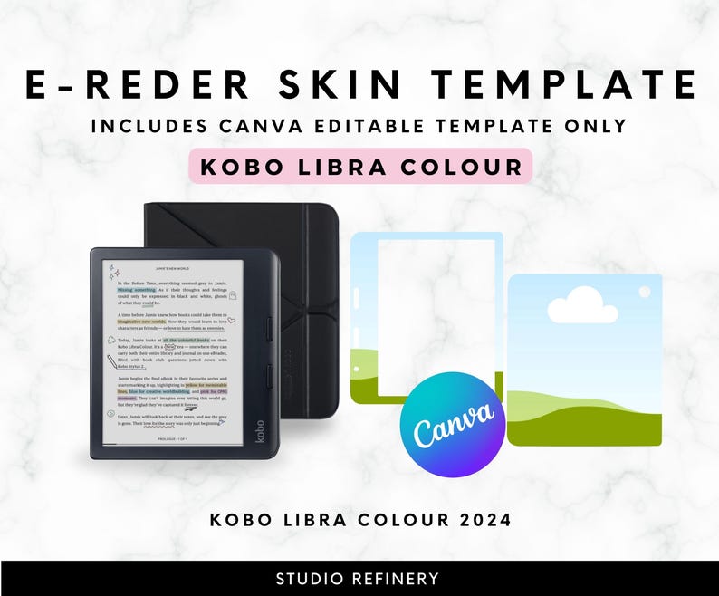 May include: An image featuring a Kobo Libra Colour e-reader with a black cover, a Canva logo, and the text "E-REDER SKIN TEMPLATE" and "KOBO LIBRA COLOUR". The e-reader displays text on its screen.