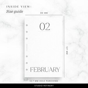 May include: A white planner insert with the month of February and the number 02 printed in black. The insert is 90 mm wide and 127 mm long, with 12.7 mm hole punching. Text at the top reads "INSIDE VIEW: Size guide."