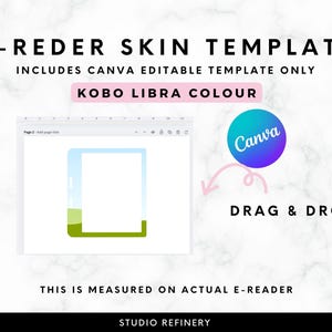 May include: An image with the text "E-REDER SKIN TEMPLATE" and "KOBO LIBRA COLOUR". It includes a Canva editable template. A digital illustration of an e-reader skin template with a drag and drop feature is shown.