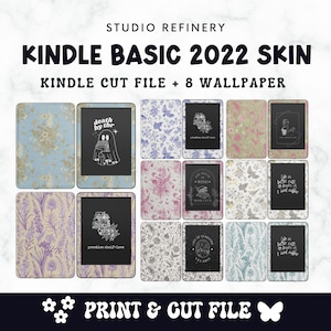 Puede incluir: Una descarga digital de archivos imprimibles y recortables para una funda Kindle Basic 2022. La imagen muestra 8 diseños diferentes con patrones florales, mariposas y texto como "death by tbr" y "life is better with books and coffee".